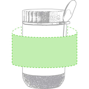 A grey drink bottle with a spoon on the lid, featuring a green wrap around its middle.