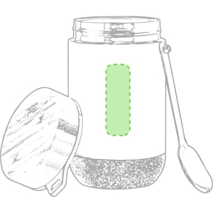 A glass jar with a wooden lid, featuring a green vertical band and a metal spoon beside it.