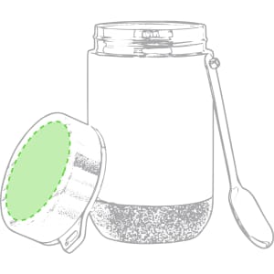 A green and silver lunch container with a removable lid and a spoon resting next to it. It has a logo on the side.