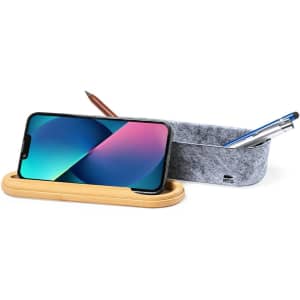A grey felt pencil case with a bamboo base, holding a smartphone, a pencil, and a pen.