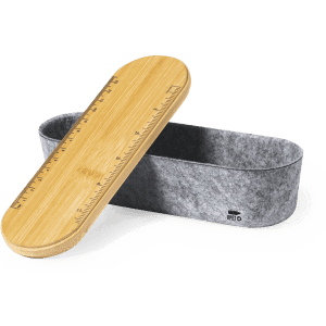 A grey felt pencil case featuring a bamboo lid with a ruler etched on top. It has a simple, modern design.