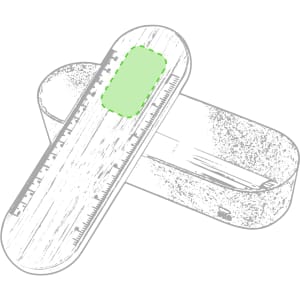 A wooden pencil case in a light colour, featuring a straight edge ruler design and a green logo area.