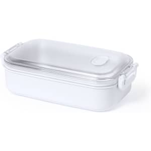 A white thermal lunch box with a clear lid and secure handles, ideal for keeping food warm.