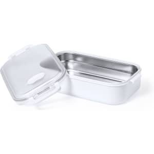 A white thermal lunch box with a stainless steel interior, featuring a lid that can be removed.