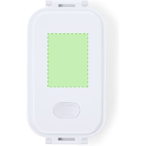 A white thermal lunch box with a rectangular green area and a front button. It includes a logo on the surface.