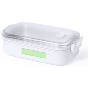 A white thermal lunch box with a clear lid and two side handles, featuring a logo.
