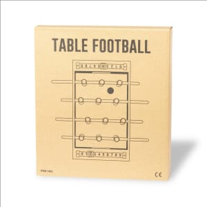 A cardboard box featuring a design for a mini table football game, with illustrations in black on a brown background.