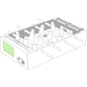 A mini table football game featuring a compact design in a light colour with player rods and scoring markers.