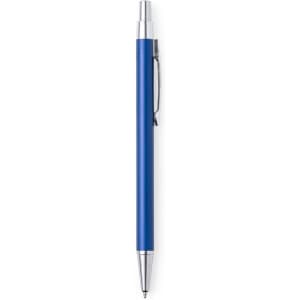 A blue metal pen with a silver tip and clip, featuring a branding logo.