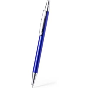 A blue metal pen with a chrome clip and tip, featuring a smooth finish and a sleek design.