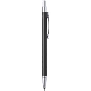 A metal pen in black with a silver clip and tip, featuring a logo.