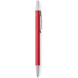 A red metal pen with a silver clip and a sleek design. The pen features a logo on its body.