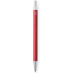 A metal pen with a sleek red body and silver accents, featuring a logo on its barrel.