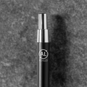 A metal pen in black with a silver tip and a logo highlighting its recycled material.