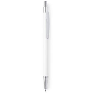 A metal pen in white with a silver clip and tip, featuring a logo on the body.