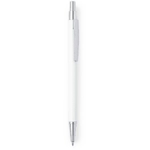 A metal pen in white with a silver clip and tip, featuring a logo.