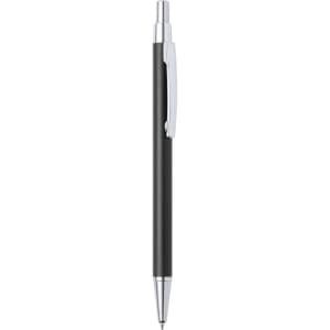 A metal pen in black with silver accents and a clip, featuring a sleek design and a branded logo.
