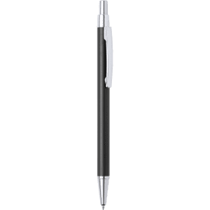 A black metal pen with a silver clip and tip, featuring a sleek design and a branding logo.