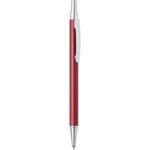 A metal pen in red with a chrome clip and tip, featuring branding on the barrel.