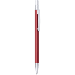 A metal pen in a deep red colour with a chrome clip and tip, featuring a branding logo.