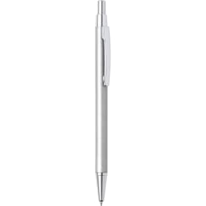 A metal pen in silver finish with a sleek design and a clip for easy attachment. Features a branding logo.