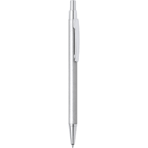 A silver metal pen with a clip and a pointed tip, featuring a branding logo.