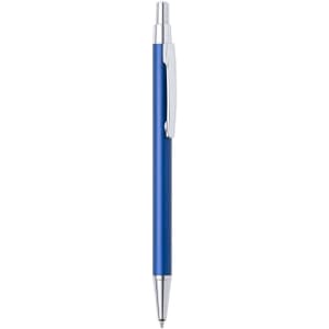 A blue metal pen with a chrome clip and a sleek design, featuring a branding logo.