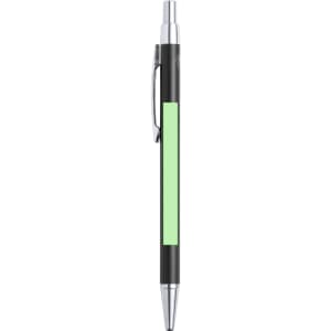 A metal pen featuring a black body with a green accent and a chrome clip, designed for writing.