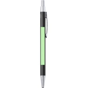 A black metal pen with a green accent and a silver clip, featuring a logo.