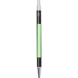 A metal pen with a black body and a mint green accent, featuring a logo on the side.