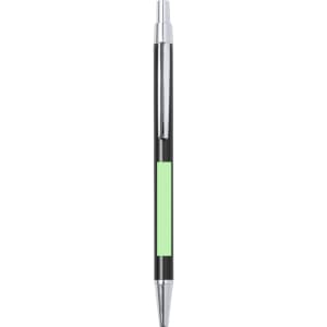 A metal pen featuring a black body, chrome accents, and a green panel for branding.