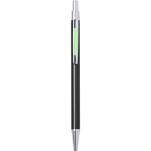A metal pen with a sleek black body, silver accents, and a green highlight. It features a branding logo.