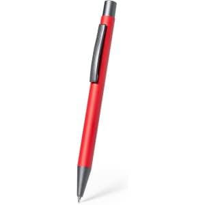 A metal pen in vibrant red with a black clip and tip, featuring a simple design.