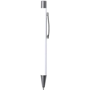 A metal pen in white with a grey clip and tip, featuring a logo on its body.