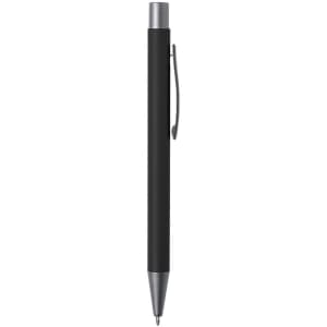 A metal pen in black with a silver clip and tip, featuring a logo on the barrel.