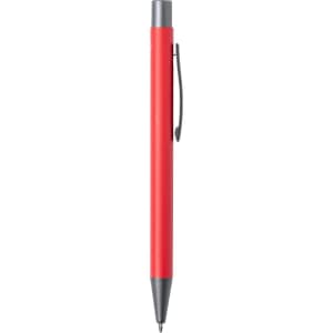 A metal pen in vibrant red with a grey tip and clip, featuring a simple design and branding.