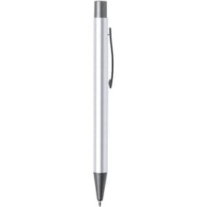 A metal pen in silver with a grey tip and clip, featuring a branding logo.