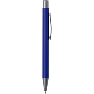 A blue metal pen with a silver clip and tip, featuring a simple design and branding.