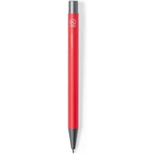 A red metal pen with a black tip, featuring a logo on its surface.