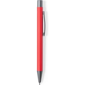 A red metal pen with a silver clip and tip, featuring a logo on the barrel.