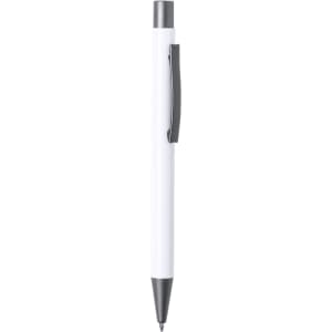 A metal pen in white with a black clip and tip, featuring a minimalist design and branding.