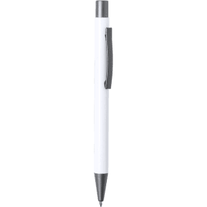 A metal pen with a white body and silver accents, featuring a clip and a simple design.