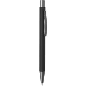 A black metal pen with a silver clip and tip, featuring a sleek design and a branding logo.