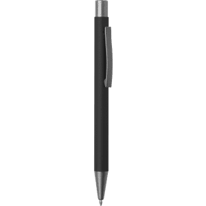 A metal pen in black with a silver clip and tip, featuring a simple design and sleek finish.