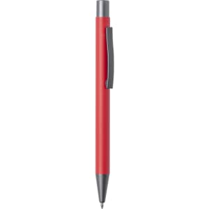 A red metal pen with a silver tip and black clip, featuring a small branding logo.