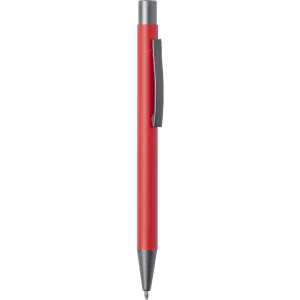 A red metal pen with a silver clip and a shiny tip, featuring a logo on its surface.
