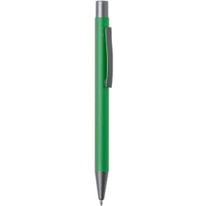 A green metal pen featuring a silver clip and tip. The pen has a sleek, modern design and includes branding.