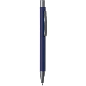 A metal pen in dark blue with a silver clip and tip, featuring a logo.