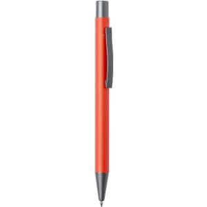 A metal pen in bright red with a silver clip and tip, featuring a branding logo.