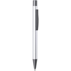 A metal pen in silver and black, featuring a sleek design and a clip for easy attachment.